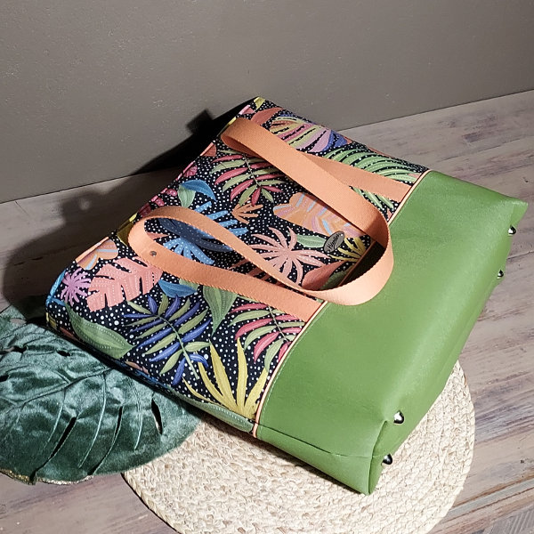 sac cabas green tropique couché estival sac de plage vacances feuillage tropical fait main pièce unique simili toile dralon imprimé