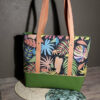 sac cabas green tropique face estival sac de plage vacances feuillage tropical fait main pièce unique simili toile dralon imprimé