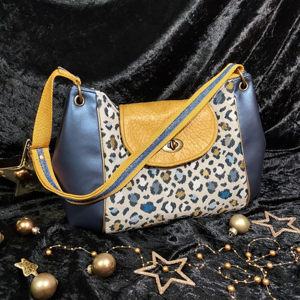 sac sequoïa leopard face jaune bleu création unique cadeau noel fait main artisan d'art